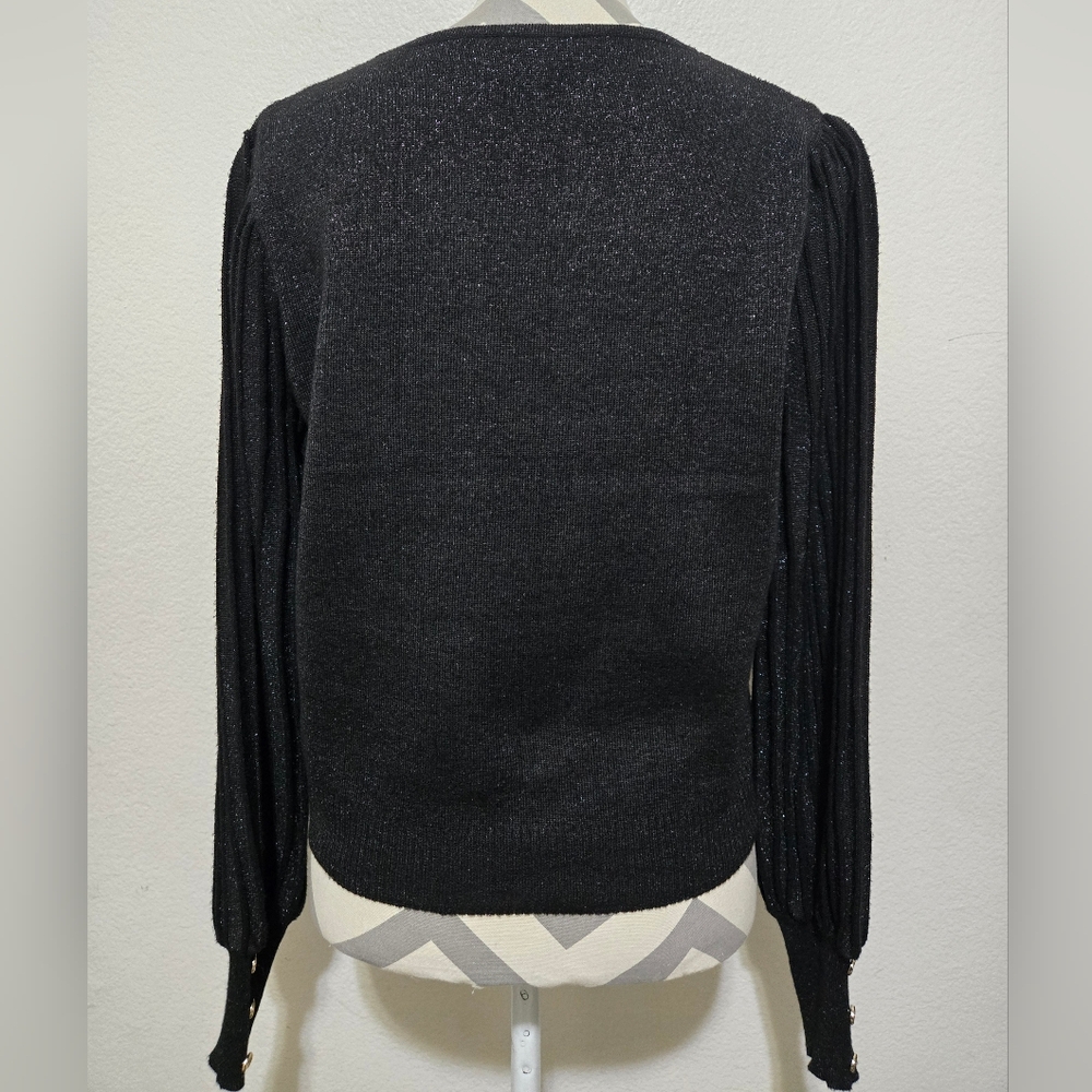 Nanette Lepore Black and Silver Sparkle Knit Sweater Ribbed Sleeves Size Large - Picture 4 of 14